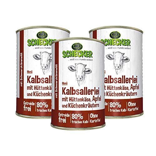 Schecker Nassfutter - Hundemenü vom Kalb mit Hüttenkäse, Apfel und Kräutern - getreidefrei - mit Schwarzkümmelöl 3 x 410 g Schecker Nassfutter - Hundemenü vom Kalb mit Hüttenkäse, Apfel und Kräutern - getreidefrei - mit Schwarzkümmelöl 3 x 410 g von Schecker
