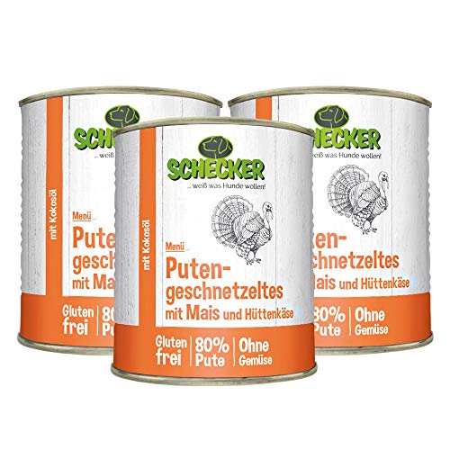 Schecker Nassfutter für Hunde - Hundemenü - Putengeschnetzeltes mit Mais und Hüttenkäse - 3 x 820 g - glutenfrei - 80% Pute von Schecker