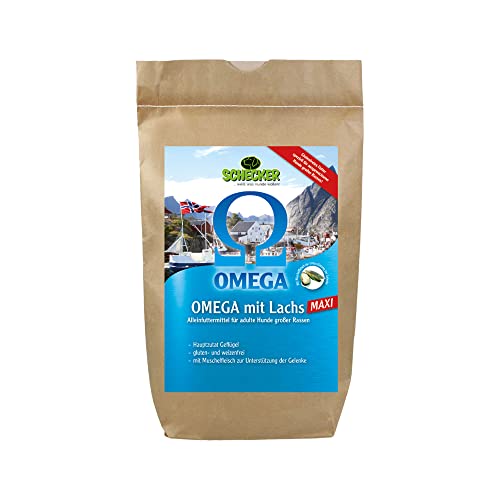 Schecker Hundefutter - Omega mit Lachs - 12 kg Maxi - Trockenfutter speziell für große Rassen - 12 kg - glutenfrei - weizenfrei von Schecker