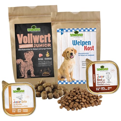 Schecker Hundefutter - Probierpaket für Welpen - 2 x Trockenfutter und 2 x Nassfutter zum Testen- 1kg - mit Huhn- Rind und Ente von Schecker