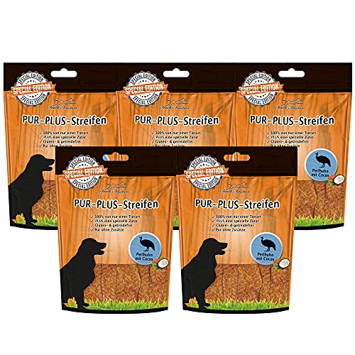 Schecker Pur Plus Streifen Perlhuhn + Cocos Hundesnacks mit Sinn von Schecker