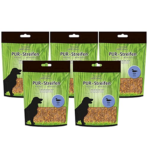 Schecker 5 x 100g Pur Streifen Ente - 100% Ente - getreidefreies Hundefutter - Sauber, leicht teilbar und wunderbar weich von Schecker