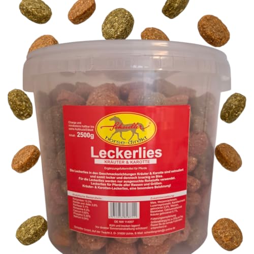 Leckerlies Kräuter und Karotten in Einer 2500g-Eimer, 2 Sorten Leckerlies für Pferde, Ponys, Belohnungsfutter in der Geschmacksrichtung Karotte und Kräuter, von Scheidler horse-direkt
