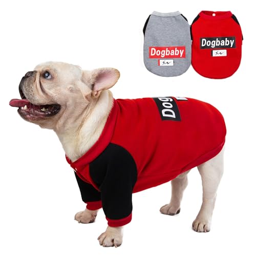 2er-Pack Fleece-Hunde-Sweatshirt, klassischer Rundhalsausschnitt, Hunde-Sweatshirt, warmer Winter-Einteiler für kleine Hunde, bedruckte Hundejacke, Grau und Rot, Größe S von Scheppend
