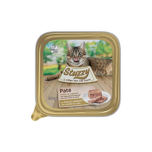 Stuzzy Mister Nassfutter für ausgewachsene Katzen, Geschmack, Huhn und Leber, Linie Pastete und Fleisch in Stücken, insgesamt 3,2 kg (32 Becher x 100 g) von Stuzzy
