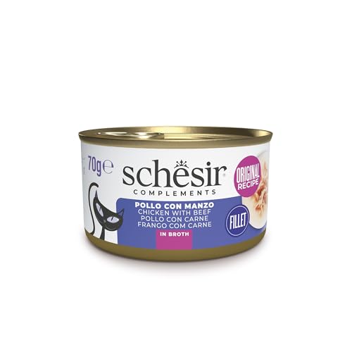 Schesir, Hähnchenfilets mit Rindfleisch in Kochwasser, in Dose, ergänzendes Nassfutter für Katzen, Originalrezept, 100% natürlich, 12 Dosen à 70 g von Schesir