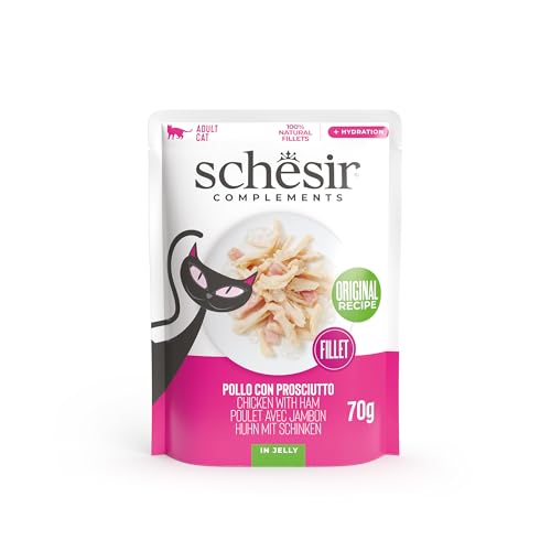 Schesir, Hähnchenfilets mit Schinken in Gelee, ergänzendes Nassfutter für Katzen, Originalrezept, 100% natürlich, 12 Dosen à 70 g von Schesir