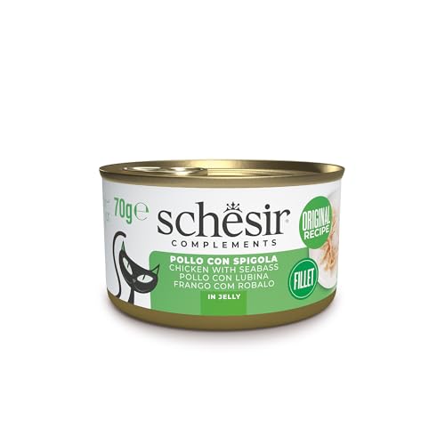 Schesir, Hähnchenfilets mit Spigola in Gelee, in Dose, ergänzendes Nassfutter für Katzen, Originalrezept, 100% natürlich, tierversuchsfrei, 12 x 70 g Schesir, Hähnchenfilets mit Spigola in Gelee, in Dose, ergänzendes Nassfutter für Katzen, Originalrezept, 100% natürlich, tierversuchsfrei, 12 x 70 g von Schesir