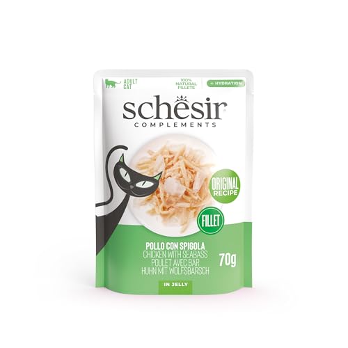 Schesir, Hähnchenfilets mit Spitze in Gelee, im Beutel, ergänzendes Nassfutter für Katzen, Originalrezept, 100% natürlich, tierversuchsfrei, 12 x 70 g von Schesir