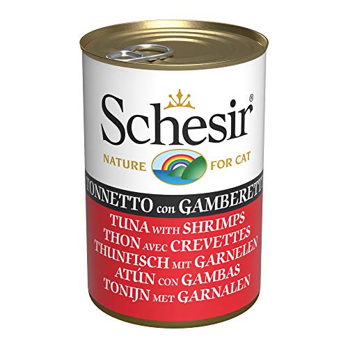 Schesir, Nassfutter für Erwachsene Katzen mit Thunfisch mit Garnelen, hergestellt aus weichem Gelee, insgesamt 0,84 kg (6 Dosen à 140 g) von Schesir