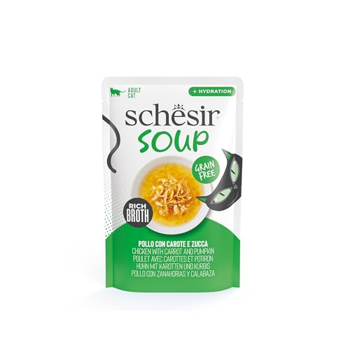 Schesir, Suppe mit Hähnchenfilets mit Karotten und Kürbis, ergänzendes Nassfutter für Katzen, Originalrezept, 100% natürlich, 12 Beutel à 40 g von Schesir