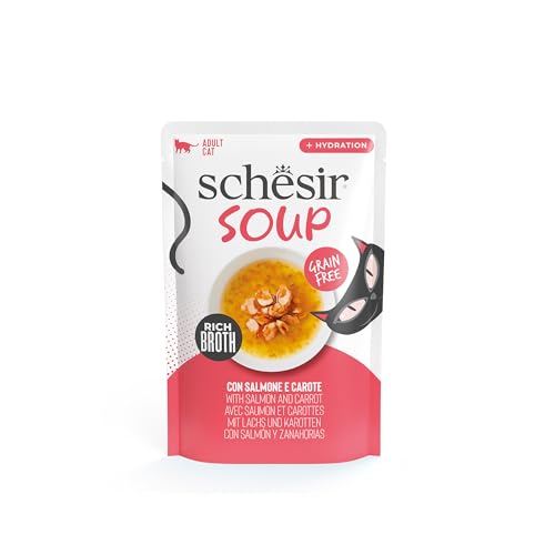 Schesir, Suppe mit Lachs- und Karottenfilets, ergänzendes Nassfutter für Katzen, Originalrezept, 100% natürlich, 12 Beutel à 40 g von Schesir