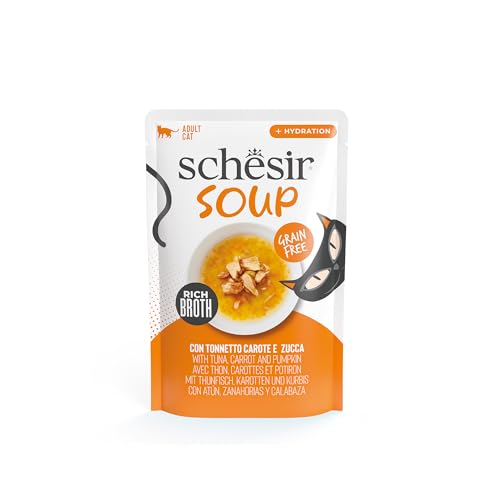 Schesir, Suppe mit Thunfischfilets mit Karotten und Kürbis, ergänzendes Nassfutter für Katzen, Originalrezept, 100% natürlich, 12 Beutel à 40 g von Schesir