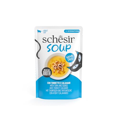 Schesir, Suppe mit Thunfischfilets und Tintenfisch, ergänzendes Nassfutter für Katzen, Originalrezept, 100% natürlich, 12 Beutel à 40 g von Schesir