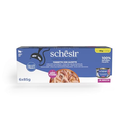 Schesir, Thunfisch mit Alicette in Brühe, komplettes Nassfutter für Katzen, in Dose, mit zusätzlichen Vitaminen, 100% natürlich, 6 x 85 g von Schesir