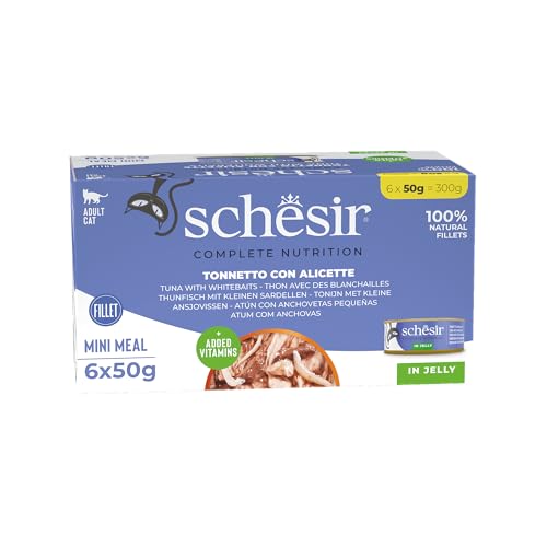 Schesir, Thunfisch mit Alicette in Gelee, ergänzendes Nassfutter für Katzen, mit zusätzlichen Vitaminen, 100% natürlich, 6 Dosen à 50 g Schesir, Thunfisch mit Alicette in Gelee, ergänzendes Nassfutter für Katzen, mit zusätzlichen Vitaminen, 100% natürlich, 6 Dosen à 50 g von Schesir