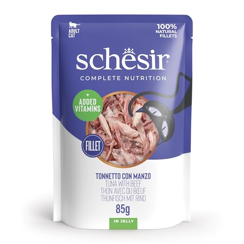 Schesir, Thunfisch mit Rind in Gelee, in Dose, ergänzendes Nassfutter für Katzen, mit zusätzlichen Vitaminen, 100% natürlich, 12 Beutel à 85 g von Schesir