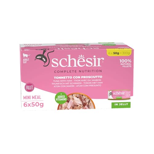 Schesir, Thunfisch mit Schinken in Gelee, in Dosen, komplettes Nassfutter für Katzen, mit zusätzlichen Vitaminen, 100% natürlich, 6 Dosen à 50 g Schesir, Thunfisch mit Schinken in Gelee, in Dosen, komplettes Nassfutter für Katzen, mit zusätzlichen Vitaminen, 100% natürlich, 6 Dosen à 50 g von Schesir