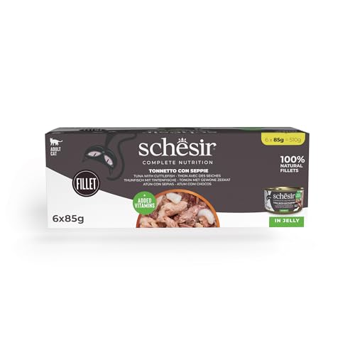 Schesir, Thunfisch mit Tintenfischen in Gelee, komplettes Nassfutter für Katzen, in Dose, mit zusätzlichen Vitaminen, 100% natürlich, 6 x 85 g von Schesir