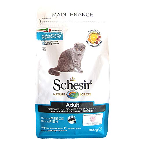 Schesir Cat Adult Maintenance Fisch, Katzenfutter trocken für Erwachsene Katzen, Trockenfutter im Beutel, 1er Pack (1 x 400 g) von Schesir
