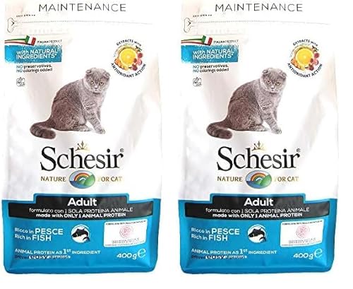 Schesir Cat Adult Maintenance Fisch, Katzenfutter trocken für Erwachsene Katzen, Trockenfutter im Beutel, 2er Pack (1 x 400 g) von Schesir