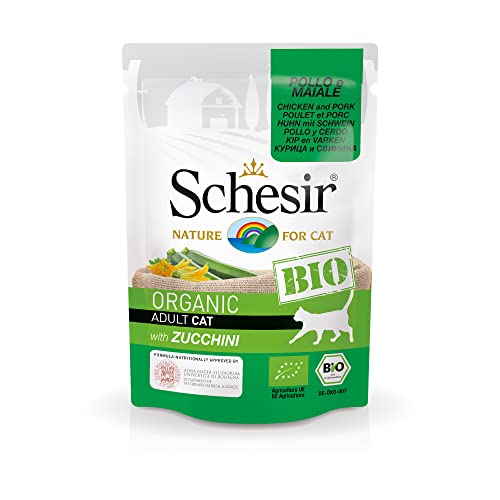 Schesir Cat Bio Adult Huhn und Schwein mit Zucchini, Katzenfutter nass, 16 Beutel x 85 g von Schesir