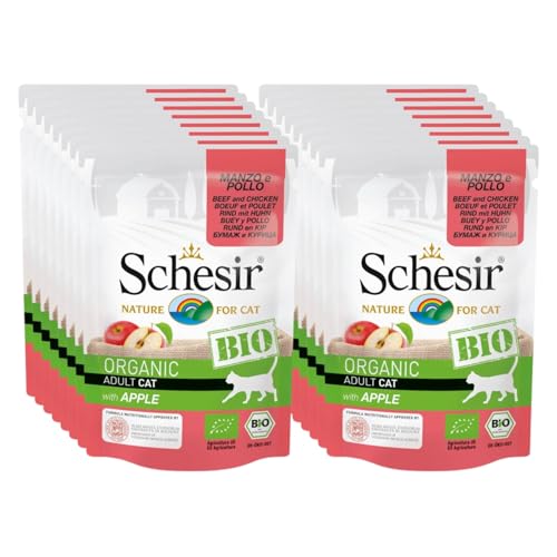 Schesir Cat Bio Adult Rind und Huhn mit Apfel, Katzenfutter nass, 16 Beutel x 85 g von Schesir