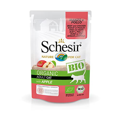 Schesir Cat Bio Adult Rind und Huhn mit Apfel, Katzenfutter nass, 16 Beutel x 85 g von Schesir