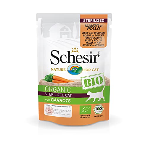 Schesir Cat Bio Sterilized Rind und Huhn mit Karotten, Katzenfutter nass für sterilisierte Katzen, 16 Beutel x 85 g von Schesir