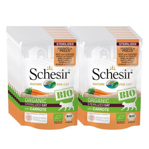 Schesir Cat Bio Sterilized Rind und Huhn mit Karotten, Katzenfutter nass für sterilisierte Katzen, 16 Beutel x 85 g von Schesir