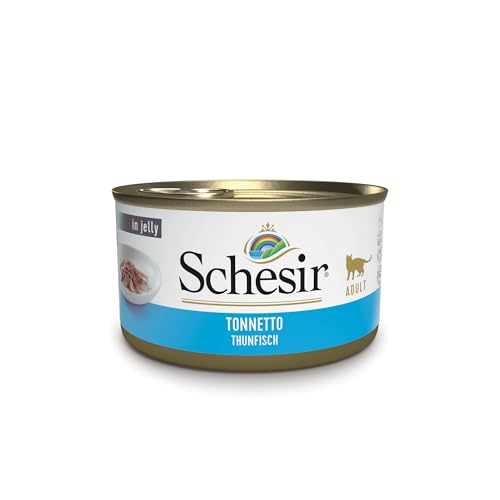 Schesir , Nassfutter für ausgewachsene Katzen mit Thunfischgeschmack, Filets und Weichgelee — Insgesamt 2 kg (24 Einzeldosisdosen mit 85 g) (Verpackung kann variieren) von Schesir