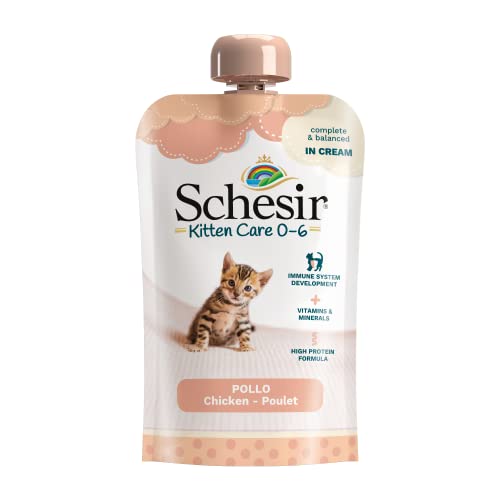 Schesir Cat Kitten Cream Huhn - Kitten Nassfutter für Junge Katzen - Hühner-Creme Katzenfutter nass getreidefrei, mit viel Protein, Vitaminen & Mineralstoffen (20 x 150g Beutel) von Schesir
