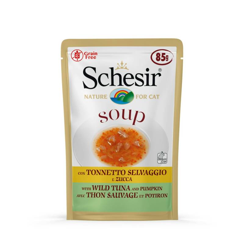 Schesir Cat Soup 85 Gramm Katzennassfutter Sparpaket 40 x 85 Gramm Thunfich & Kürbis