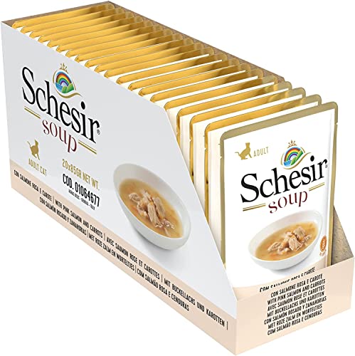 Schesir Cat Soup Wilder Buckellachs, Katzenfutter Suppe, 20 Beutel x 85 g von Schesir