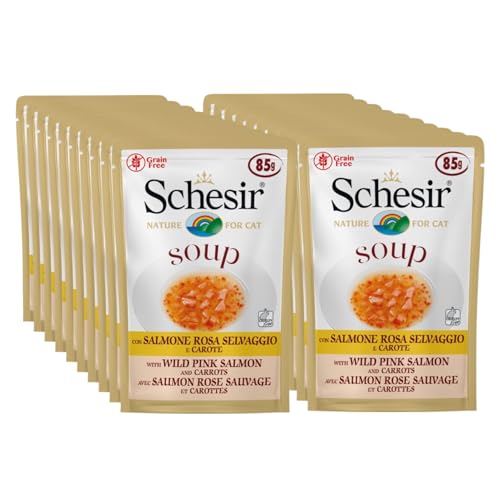 Schesir Cat Soup Wilder Buckellachs, Katzenfutter Suppe, 20 Beutel x 85 g von Schesir
