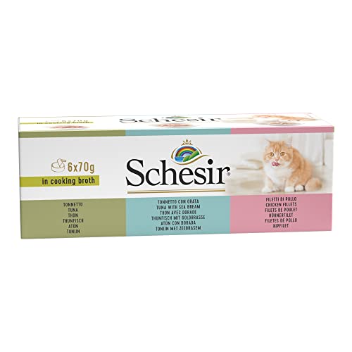 Schesir Cat in Brühe - Katzenfutter nass mit Thunfisch, Hühnerfilet und Goldbrasse in eigener Kochbrühe, hohe Verträglichkeit, Multipack in Dosen (6 x 70 g) von Schesir