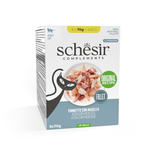 Schesir In Jelly, Komplementäres Nassfutter für Katzen, im Beutel, Thunfischfilets mit Seehecht, in Gelee, ohne Konservierungsstoffe und Farbstoffe, 6 x 70 g Schesir In Jelly, Komplementäres Nassfutter für Katzen, im Beutel, Thunfischfilets mit Seehecht, in Gelee, ohne Konservierungsstoffe und Farbstoffe, 6 x 70 g von Schesir