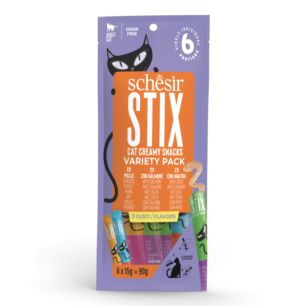 Schesir Stix Creamy Snacks 90 g - Mixpaket: 2 x 15 g Huhn, 2 x 15 g Lachs, 2 x 15 g Ente von Schesir