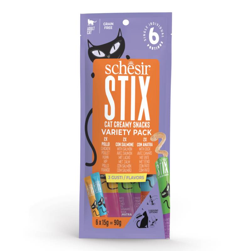 Schesir Stix Creamy Snacks 90 g - Mixpaket: 2 x 15 g Huhn, 2 x 15 g Lachs, 2 x 15 g Ente von Schesir