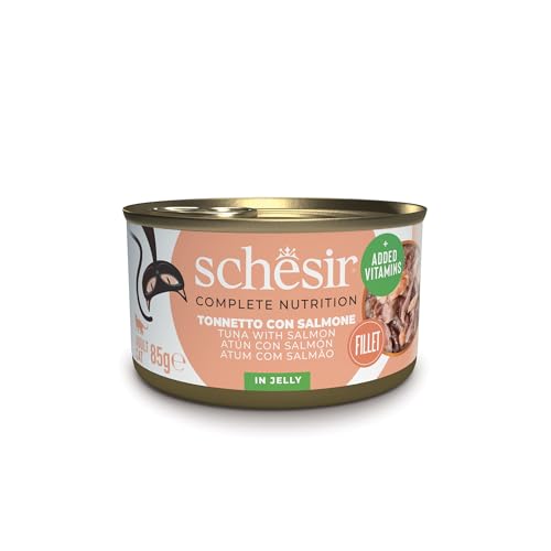 Schesir Thunfisch mit Lachs in Gelee, Nassfutter für Katzen, in Dosen, 100% natürlich, mit zusätzlichen Vitaminen, 12 x 85 g von Schesir