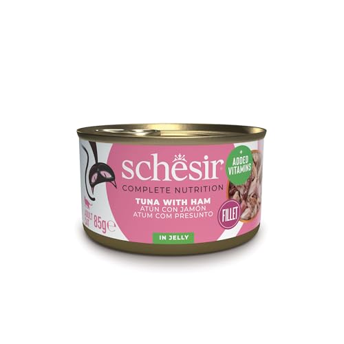 Schesir Thunfisch mit Schinken in Gelee, Nassfutter für Katzen, in Dosen, 100% natürlich, mit zusätzlichen Vitaminen, 12 x 85 g von Schesir