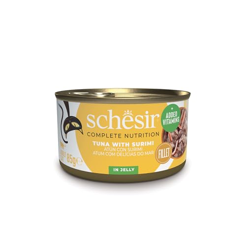 Schesir Thunfisch mit Surimi in Gelatine, Nassfutter für Katzen, in Dosen, 100% natürlich, mit zusätzlichen Vitaminen, 12 x 85 g von Schesir
