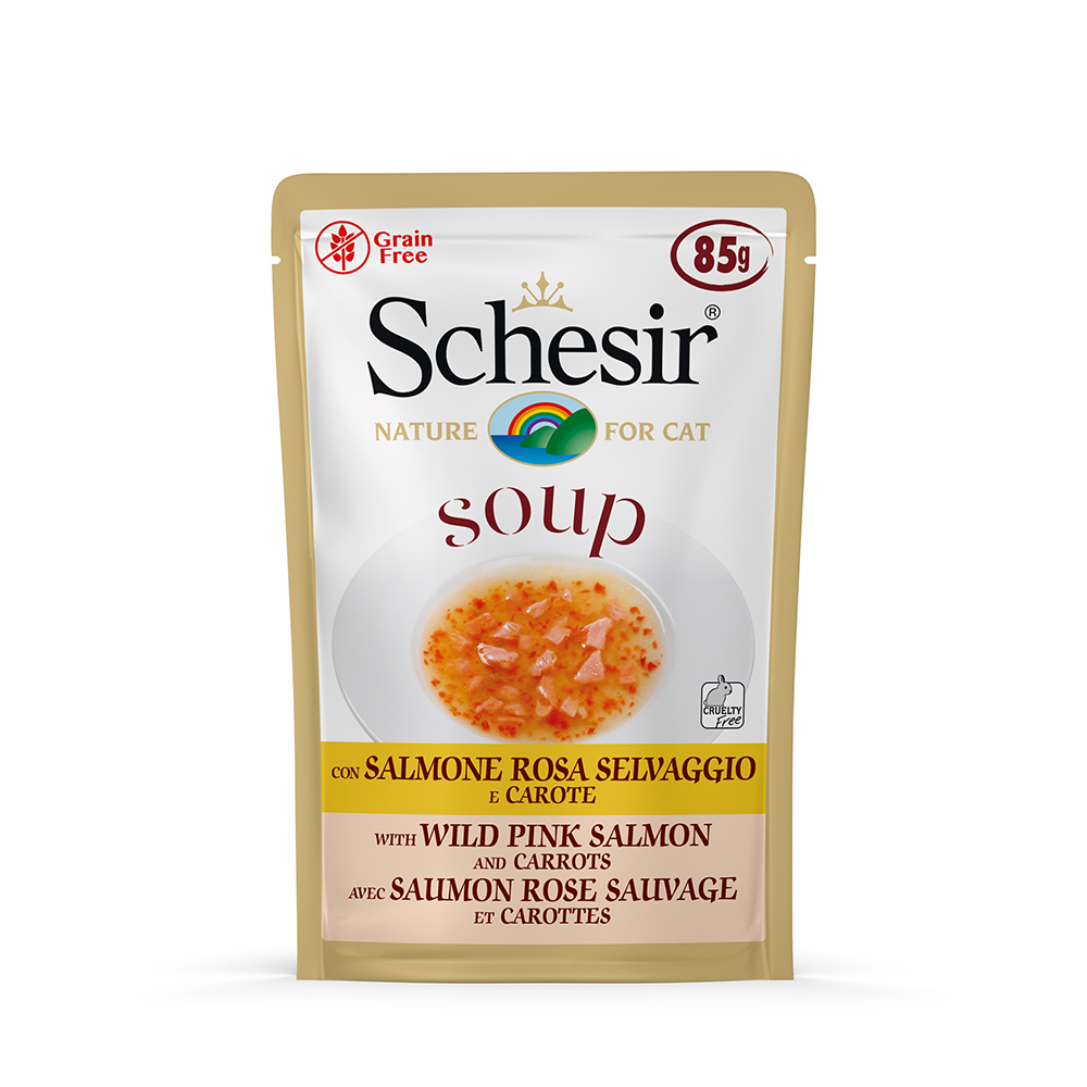 Sparpaket Schesir Cat Soup 24 x 85 g - Wilder Rosa Lachs & Karotten von Schesir