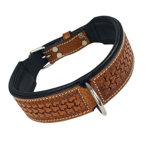 Schloss Pet Hundehalsband | Echtes Leder | Handverarbeitet | Gepolstert & Größenverstellbar | Kunst-Prägung - Premium Qualität für anspruchsvolle Hundebesitzer (Platten Muster, L) von Schloss Pet