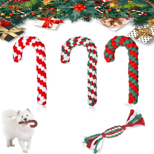 Scinzene 4 Stück Hundespielzeug Seil für Weihnachten - Zuckerstangen, Haustiere Kauen, Baumwolle Kauspielzeug von Scinzene