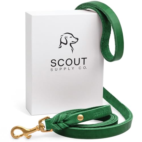 Scout Supply Klassische Leder-Hundeleine, robustes, dickes Vollnarbenleder, wasserdicht und rostfrei, Messingbeschläge (Grün, Größe M: 1,4 m x 1,27 cm) von Scout Supply Co.