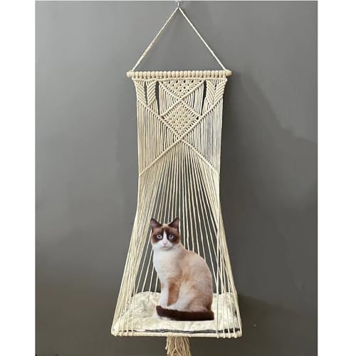 Sdjazl Makramee-Katzen-Hängematte – Indoor-Katzenschaukelbett zum Schlafen, Spielen, Klettern und Faulenzen (Beige) von Sdjazl