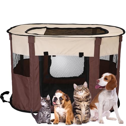 Sea Team Faltbarer Laufstall für Haustiere, robust, geruchsfrei, tragbar, für Hunde und Katzen, für drinnen und draußen, Welpenlaufstall mit Netzeinsätzen, Braun, L von Sea Team