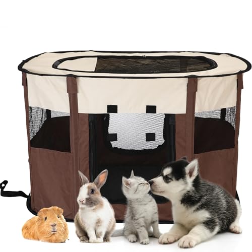 Sea Team Faltbarer Laufstall für Haustiere, robust, geruchsfrei, tragbar, für Hunde und Katzen, für drinnen und draußen, Welpenlaufstall mit Netzeinsätzen, Braun S von Sea Team