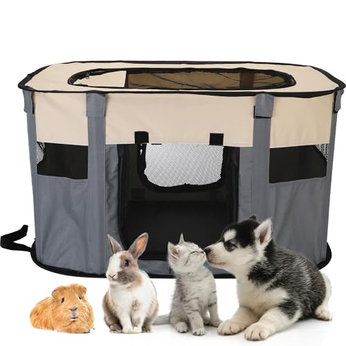 Sea Team Faltbarer Laufstall für Haustiere, robust, geruchsfrei, tragbar, für Hunde und Katzen, für drinnen und draußen, Welpenlaufstall mit Netzeinsätzen, Grau, Größe S von Sea Team